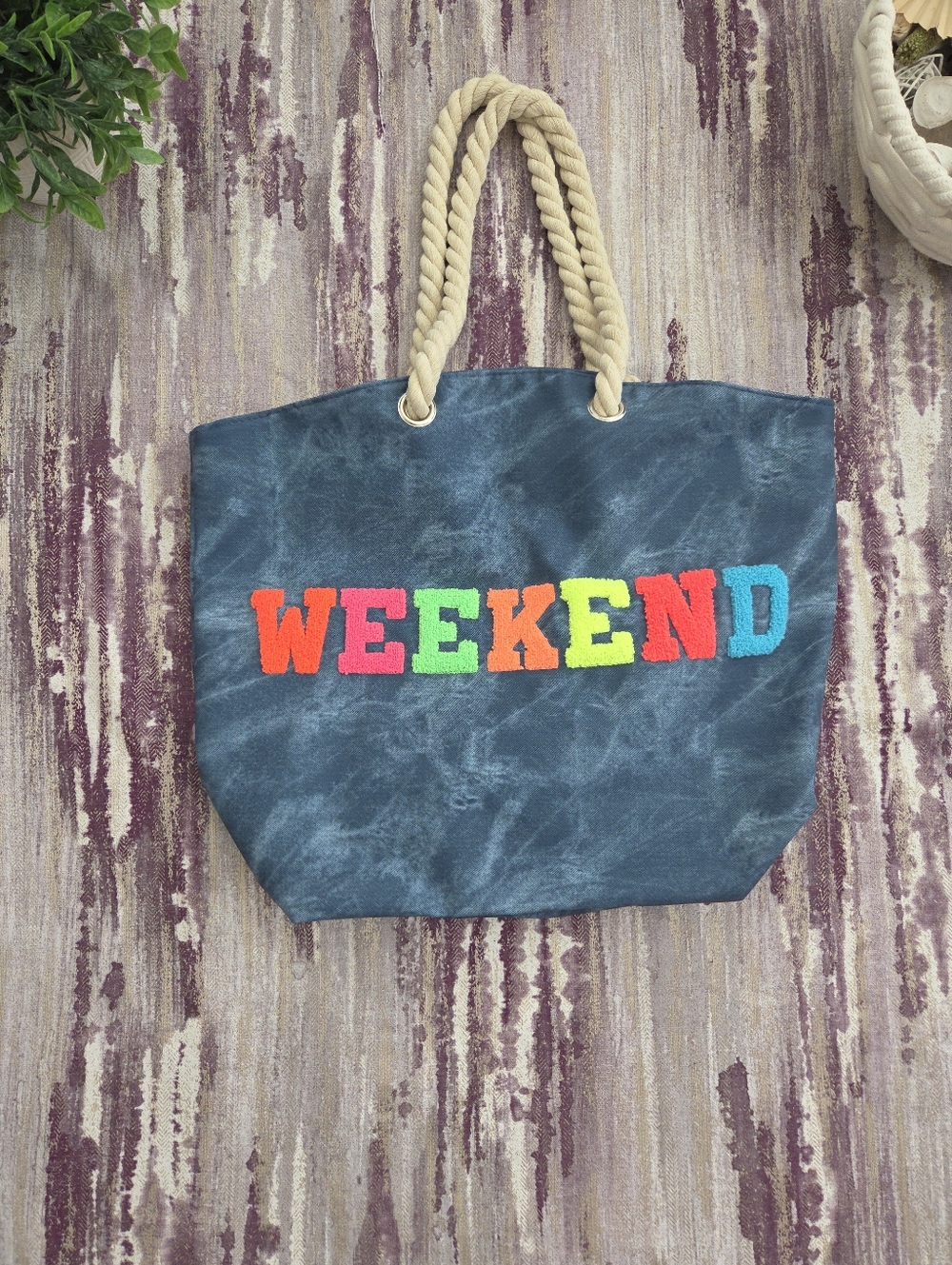 Navy 'WEEKEND' Rope Handle Tote